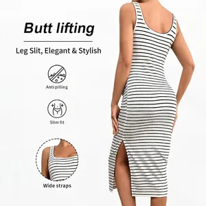 Robe de maternité rayée ajustée avec col en U, sans manches et fente latérale