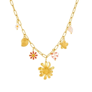 Gold plated pastoral necklace featuring floral, heart, shell and mineral stone charms
