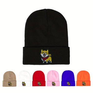 Bonnet En Tricot Acrylique Brodé Shiba Inu Avec Revers Côtelé Bonnet D'hiver Chaud Pour Femmes Hommes Décontracté