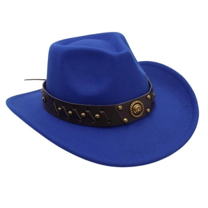 Close-up of royal blue wool cowboy hat featuring a leather strap with golden studs and horseshoe