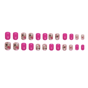 Short square rose pink press-on nails with floral and bow designs, 24-piece full set