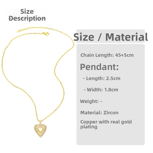 Size guide for gold heart necklace with zircon pendant and 45cm copper chain