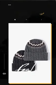 Close-up of thick knitted beanies with Nordic jacquard patterns and ribbed fold-over cuff