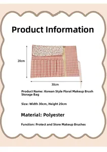 Detailed view of floral makeup brush storage bag with dimensions 30cm by 20cm