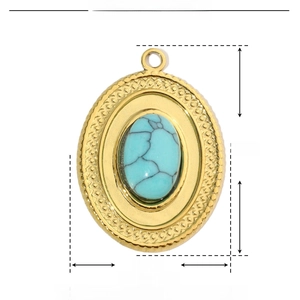 Detail showing dimensions of oval turquoise stone pendant with gold stainless steel frame