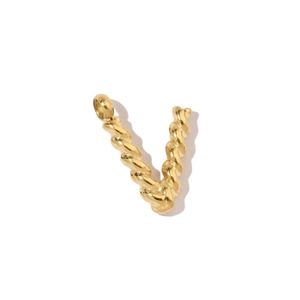 Detail of 18k gold plated titanium steel letter V pendant with spiral texture design