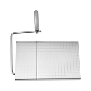 Stainless steel cheese slicer with scale markings and wire cutter for kitchen use