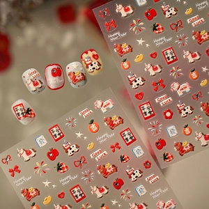 3D Embossed Nail Art Stickers Cartoon Pony Apple Fireworks Festive Red New Year DIY Manicure Decoration Adhesive Decals