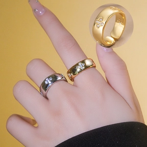 Clover Adjustable Copper Ring With Zircon Sparkling Rhinestone Wide Band Fashion Jewelry For Women Elegant Trendy Gift