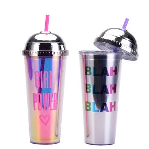 24oz double-wall plastic straw cups with iridescent leopard print and dome lids