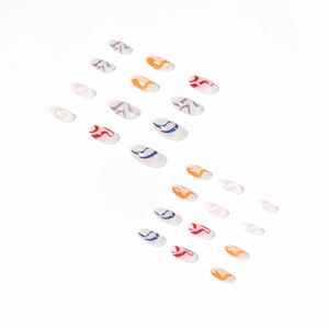 Artistic press on nails with colorful wavy lines on translucent base in 24pcs set