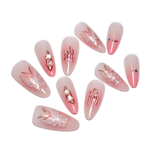 10pcs set blush gradient almond press-on nails with glitter butterfly and rhinestone