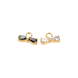 Golden bow-shaped stainless steel charms with black and clear cubic zirconia insets