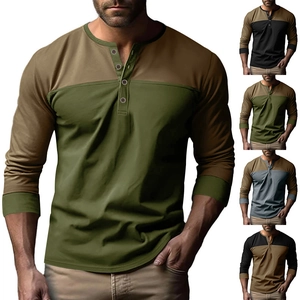 Detail view of men's color block Henley shirt showing various color options and 3-button collar