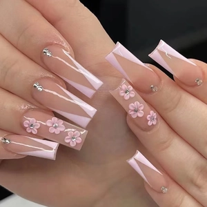 Long Coffin Press On Nails 3D Flower Rhinestone V French Tip Pink White Artificial False Nails For Women Sweet Style