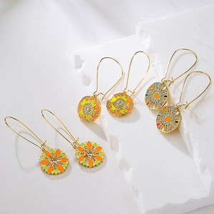 Bohemian 18K gold plated copper earrings with colorful enamel geometric drops and zircon