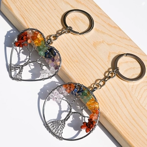 Tree Of Life Keychain With Natural Crystal Crushed Stones Wire Wrapped Heart Round Shape Chakra Ornament Gift