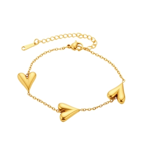 Golden stainless steel chain bracelet with three minimalist heart charms for women
