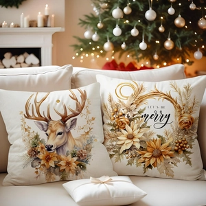 Detail of Christmas pillow covers featuring reindeer and floral designs in a cozy room