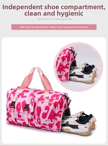 Detail of pink camouflage fitness bag showing the independent shoe compartment design