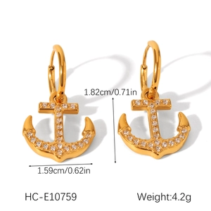 Detailed size specifications for 18K gold anchor earrings with cubic zirconia