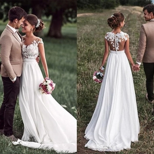 Ärmelloses Hochzeitskleid Spitze Chiffon Elegant Rückenfrei Brautkleid Bodenlang Knopfleiste Elfenbeinfarben Damen