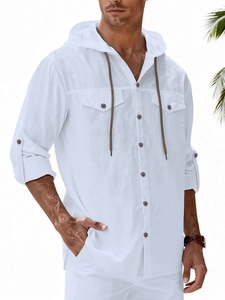 Detail of white linen beach hoodie shirt with drawstring and front flap pockets