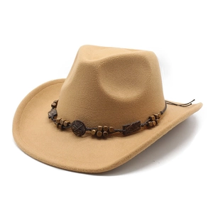 Ethnic camel wool felt western cowboy hat with vintage beaded band and wide curved brim