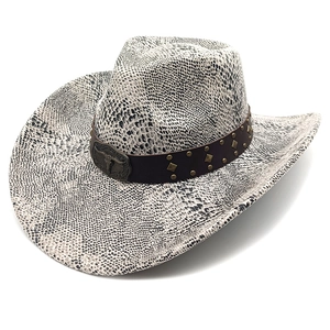 Classic western cowboy hat featuring grey snakeskin pattern and vintage bull metal buckle
