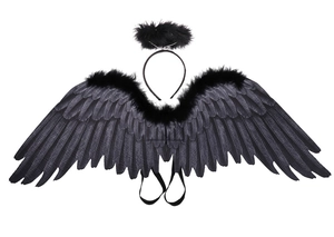 Detail of black non-woven angel wings set with realistic feathers and halo headband