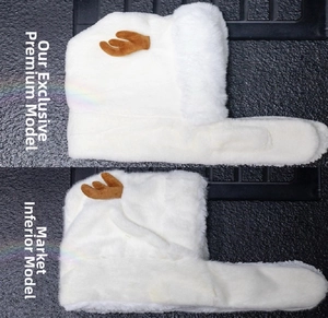 Detail of white plush baby winter hat with brown deer antlers and warm thermal fleece lining