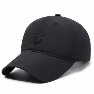 Men's breathable black sports baseball cap with shield logo for outdoor sun protection