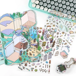 3D cartoon house theme stickers set with colorful illustrated home decor scenes