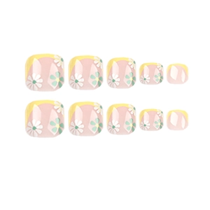 French style floral press-on toenails with yellow tips and white daisy patterns