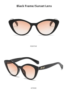 Detail view of black cat-eye sunglasses with sunset gradient lenses and gold side logos