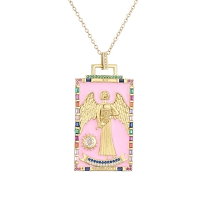 Golden tarot Temperance pendant necklace with pink enamel and colorful crystals