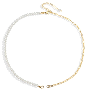 Retro necklace with half white pearls and half golden chain links on a white background