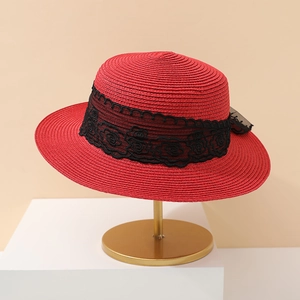 Elegant red straw flat top boater hat with black lace rose embroidery for women