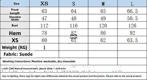 Size chart detail for women's suede jacket showing XS to L measurements in centimeters