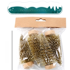 Packaged 18.5cm mini gold cedar Christmas trees with snow tips and wooden bases