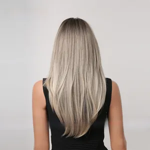 Rear view of long straight ombre synthetic wig with dark roots and ash blonde finish
