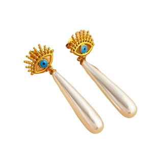 French style evil eye tassel earrings with blue pupil and pearls in 18K gold finish
