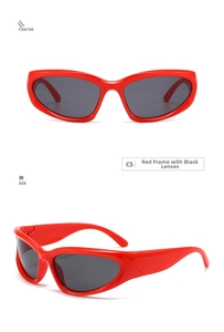 Detail view of futuristic red Y2K sports sunglasses with dark grey lenses C5 color