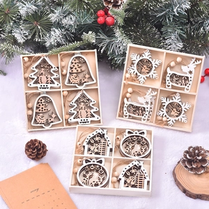 Christmas Tree Ornaments Wooden Hollow 3D Hanging Pendants Deer Snowflake Bell Angel House Nordic Holiday Decor