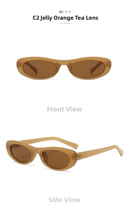 Front and side view of jelly orange oval sunglasses with dark brown lenses