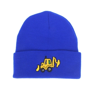 Close-up of yellow excavator embroidery on the cuff of a royal blue knitted beanie