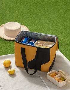 Detail of insulated lunch bag with thick aluminum foil lining showing food storage capacity