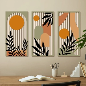 Bohemian Modern Minimalist Hollow Wood Wall Hanging Decor Set Of 3 Geometric Botanical Floral Sun Pattern Home Office Living Room Art Wall Decoration