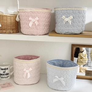 Quilted Cotton Storage Basket Lace Bow Decor Desktop Organizer Bin Household Stationery Cosmetics Pastoral Style Round