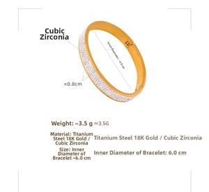 Detail view of 18k gold titanium bangle showing dimensions and crystal pavé setting